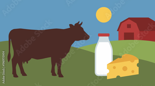 Dairy Farm Products Featuring a Cow Milk and Cheese Illustration.