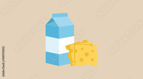 Fresh Milk Carton and Delicious Cheese Block Illustration.