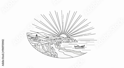 Coastal sunrise with lighthouse and lone boat at sea