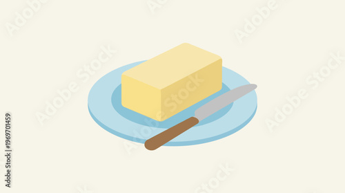 Fresh Yellow Butter Stick on Blue Plate with Knife.