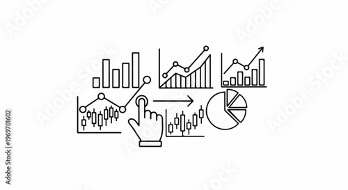 Collection of financial and trading charts with a hand pointer