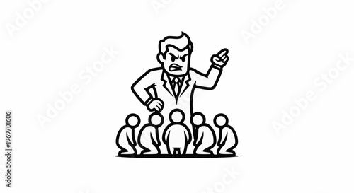 Angry boss points at group of people bowing down