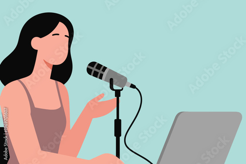 Woman podcasting with laptop and microphone on light blue background, stylized vector illustration of digital communication.