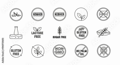 Collection of food-related icons Halal, Kosher, Kesher, and various dietary restrictions