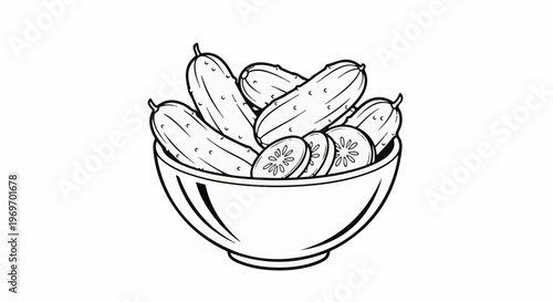 Bowl overflowing with whole and sliced cucumbers in a line drawing