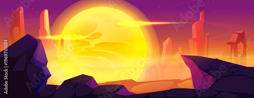 Alien planet landscape with rocky mountains and desert ground surface. Fantasy space vector background for game design. Futuristic scene, cosmic valley with glowing sun or moon, galaxy view.