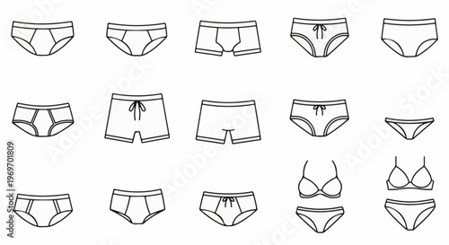 Collection of line art illustrations of various undergarments and lingerie