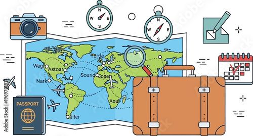 Suitcase and world map illustrate global travel planning with compass.