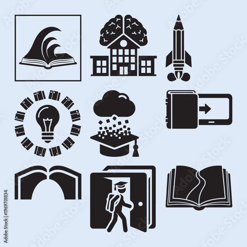 Education and learning symbols including books and graduation. 9 icons mega pack
