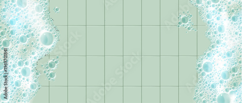 Bathroom tile floor border and foam bubbles, realistic vector background. Fresh interior backdrop for cleaning product displays with sparkling water drops. Soapy suds texture frame, ads template