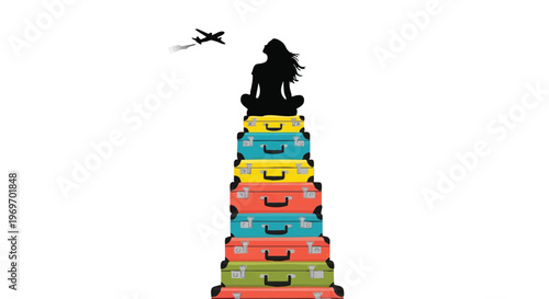 A woman sits in a meditative pose atop a tall stack of colorful travel suitcases with a jet plane