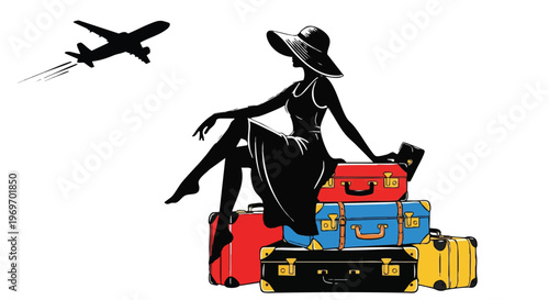 A stylish silhouette of a woman in a sun hat sitting on a stack of colorful vintage suitcases.