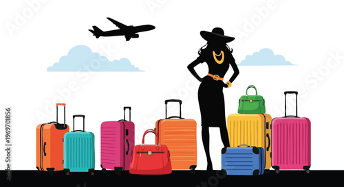 A stylish woman silhouette standing confidently among a collection of colorful travel suitcases