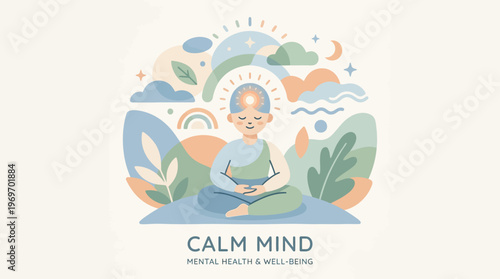 Calm mind concept with a meditating person in nature on white background
