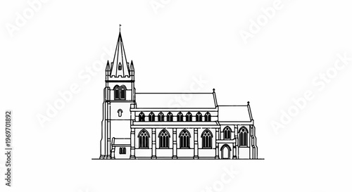 Architectural drawing of a historical church with a tall spire