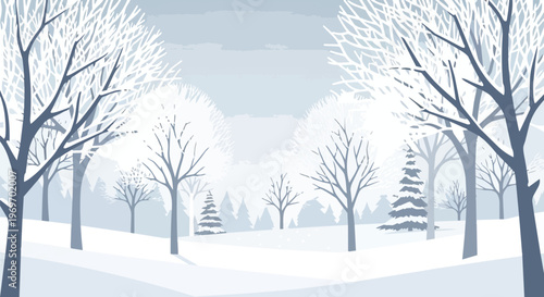 Winter Forest Landscape with Snow Covered Trees and Soft Blue Tones