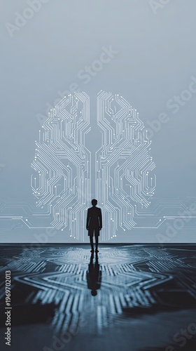 Vertical Silhouette of Person Facing Digital Circuitry Brain, Concept of Artificial Intelligence and Technology Advancement