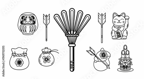Collection of traditional Japanese good luck symbols and decorations