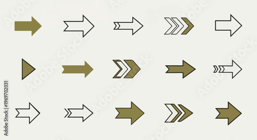 Collection of varied arrow symbols in gold and outline on plain background