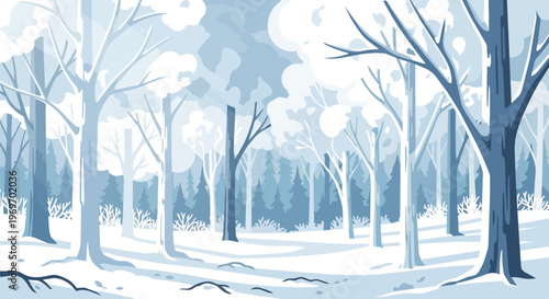 Winter Forest Landscape with Snow Covered Trees and Blue Tones