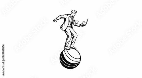 Businessman balances on a ball while using a laptop computer