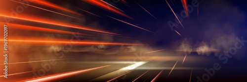 Dynamic road motion with neon light trails and speed effect at night, abstract vector background. Futuristic highway perspective with glowing orange energy lines, blur and smoke clouds