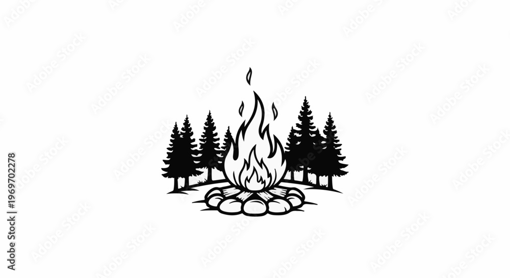 Obraz premium Campfire burning bright surrounded by dark evergreen trees