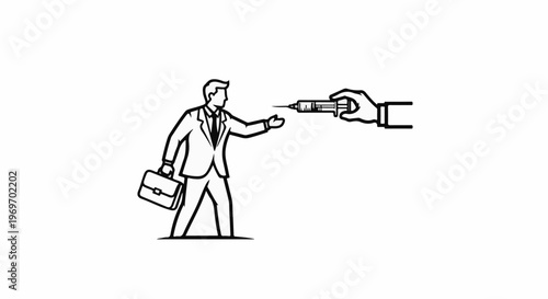 Businessman with briefcase receives injection from extended hand