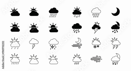 Collection of weather icons depicting sun, clouds, rain, snow, lightning, moon, and wind