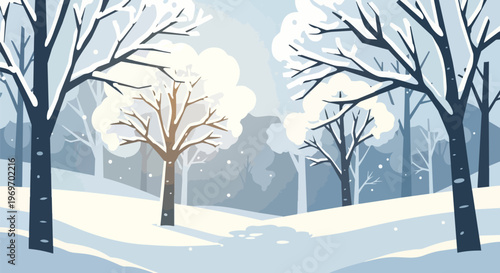 Winter Forest Landscape with Snow Covered Trees and Soft Blue Tones