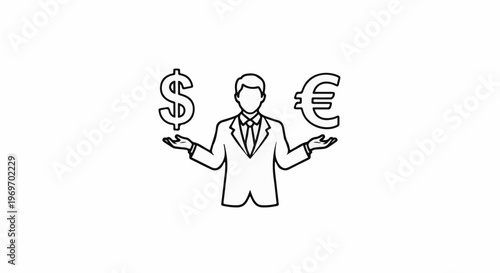 Businessman with dollar and euro symbols on white background, outline art