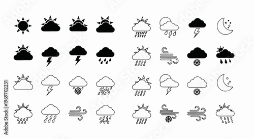 Collection of weather icons depicting sun, clouds, rain, snow, wind, and lightning