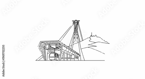 Cable car station with tower and mountain landscape in outline