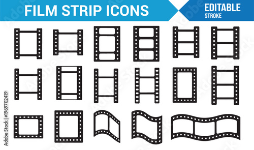 Retro movie film strip icons collection with visual storytelling elements