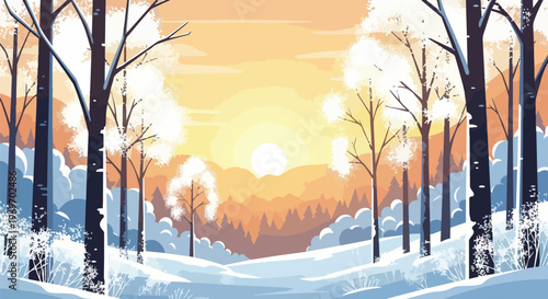 Winter Forest Landscape with Golden Sunset and Snow Covered Trees