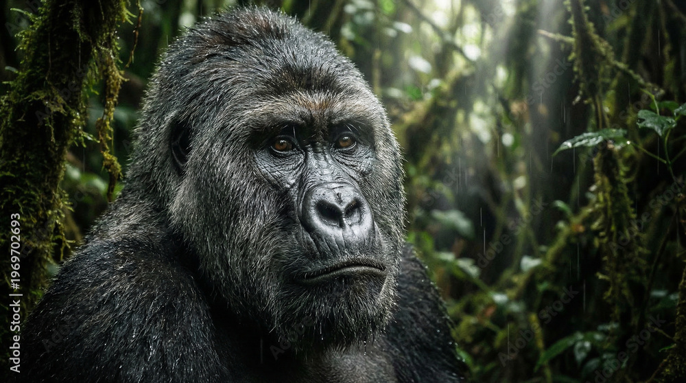 Fototapeta premium Majestic Silverback Gorilla Portrait in Misty Rainforest Jungle Setting