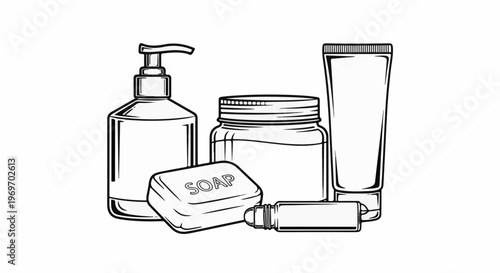 Assortment of personal hygiene products including a dispenser, jar, soap, and tube
