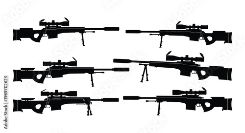 Silhouettes of various sniper rifles displayed in a black and white composition