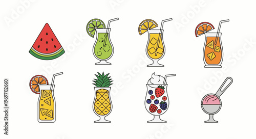 Assortment of colorful fruity drinks, ice cream, and watermelon slice