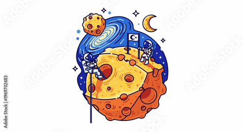Astronauts exploring a cheese-like planet with a Turkish flag