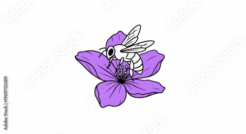 Cartoon bee collecting nectar from a purple flower with delicate petals
