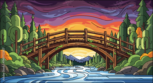 Pixel Art Wooden Bridge Over River at Sunset Landscape