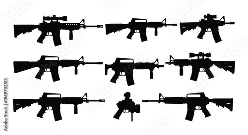 Silhouettes of various sniper rifles displayed in a black and white composition