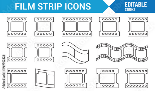 Cinema and photography film strip icons pack isolated on white