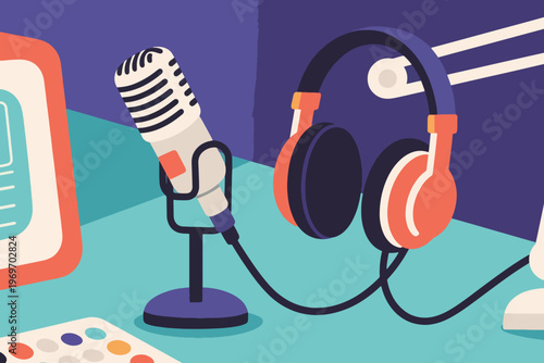 Podcast recording setup with microphone, headphones, and mixing console, stylized vector illustration of audio production.