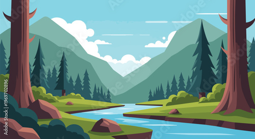 Flat Vector Illustration of a Serene Mountain River Landscape with Pine Forest