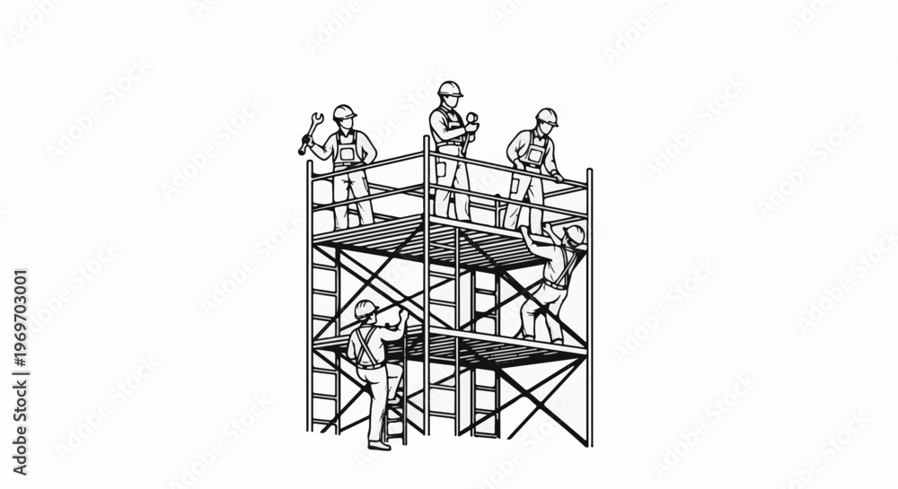 Obraz premium Construction workers on scaffolding, one ascends a ladder, others work