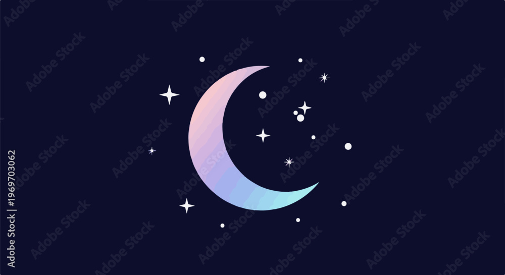 Naklejka premium Crescent moon with pastel gradient and twinkling stars scattered across a dark blue sky