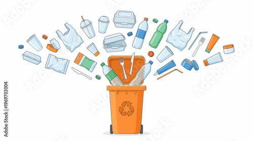 Animated recycling concept: overflowing trash bin spilling plastic bottles, packaging and paper waste, highlighting waste management and recycling awareness.