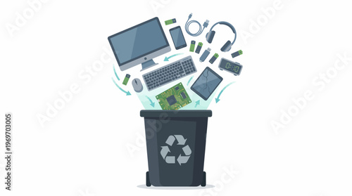 Illustration of e-waste recycling showing discarded electronics dropping into a recycling bin.